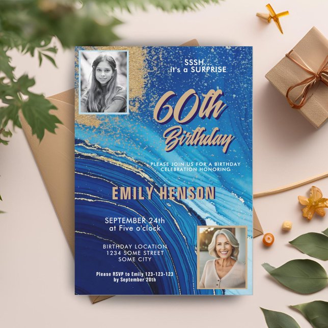 Blue Gold Marble Glitter 2 Photo 60th Birthday Invitation (Creator Uploaded)
