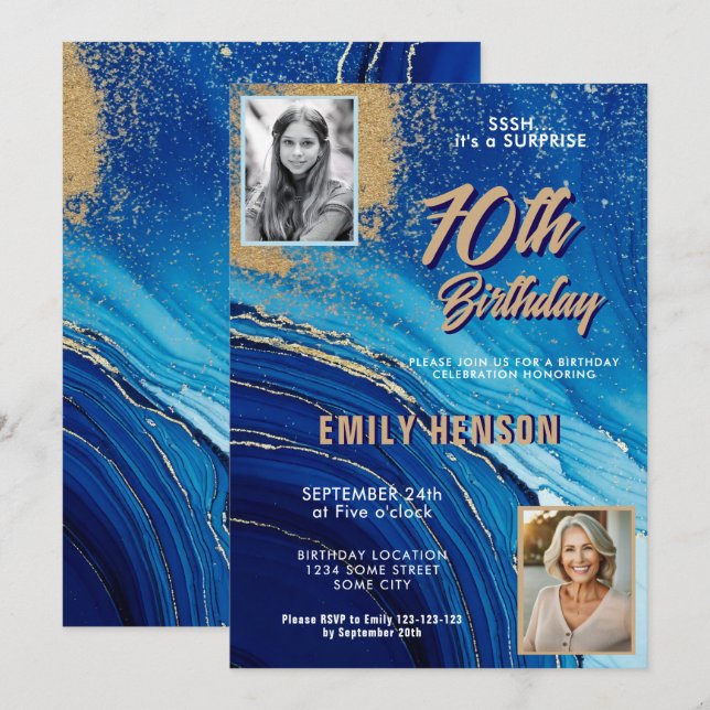 Blue Gold Marble Glitter 2 Photo 70th Birthday Invitation (Front/Back)