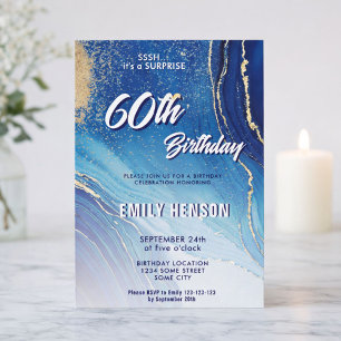 Blue Gold Marble Glitter 60th Birthday Invitation