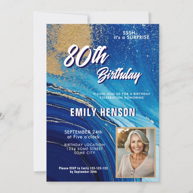 Blue Gold Marble Glitter Photo 80th Birthday Invitation (Front)