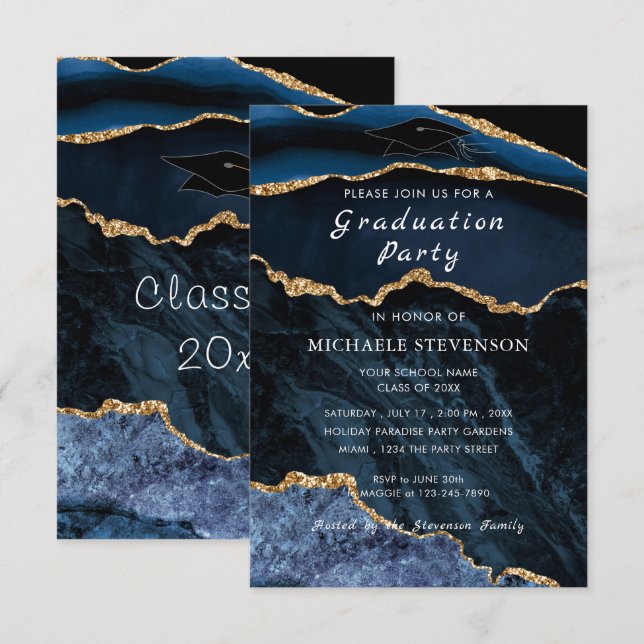 Blue Gold Marble Graduation Invitation Template (Front/Back)