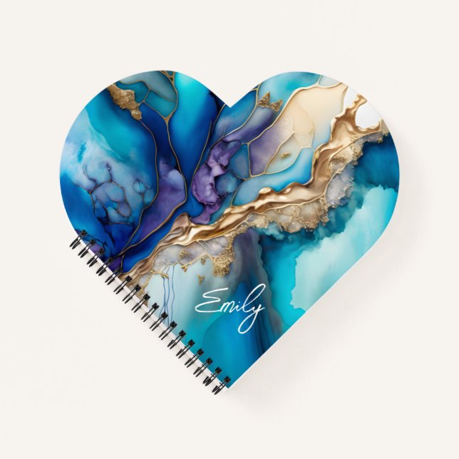 Blue Gold Marble Heart Shaped Personalized Name Notebook (Front)