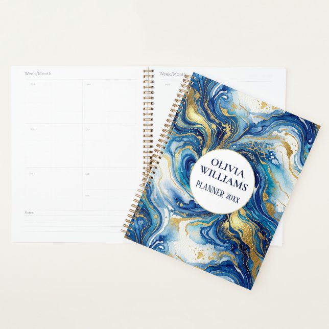 Blue Gold Marble Luxury Abstract Fluid Art Pattern Planner (Display)