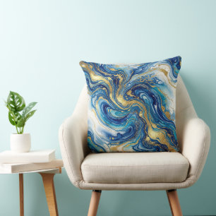 Blue Gold Marble Luxury Decor Fluid Art Pattern Throw Pillow