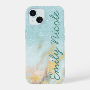 Blue Gold Marble Ombre Faux Glitter Monogram Name iPhone 15 Case
