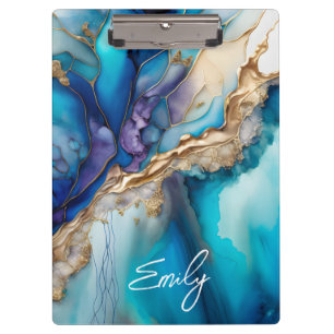 Blue Gold Marble Personalized Script Name Clipboard
