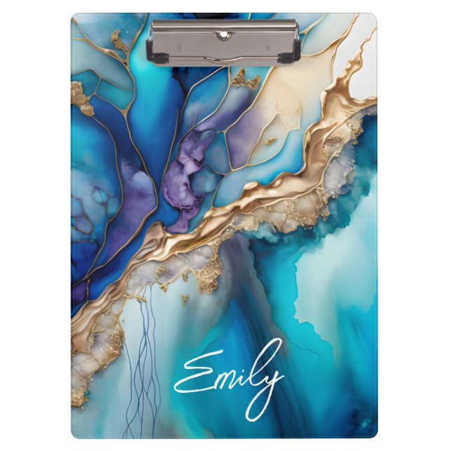 Blue Gold Marble Personalized Script Name Clipboard (Front)