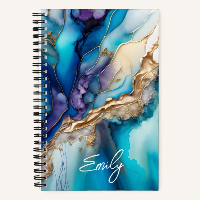 Blue Gold Marble Personalized Script Name Notebook (Front)