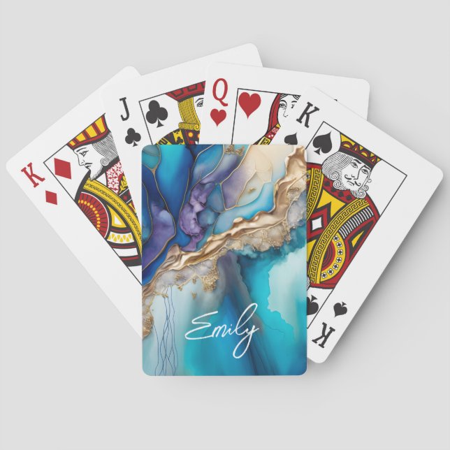 Blue Gold Marble Personalized Script Name Playing Cards (Back)