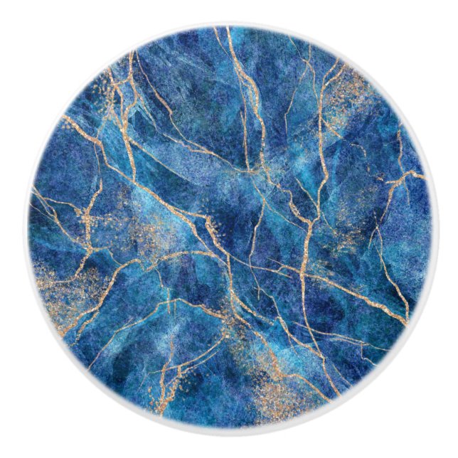 Blue Gold Marble Pretty Ceramic Knob (Front)