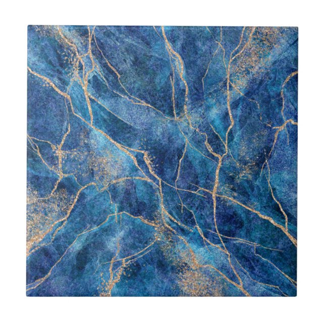 Blue Gold Marble Pretty Tile (Front)