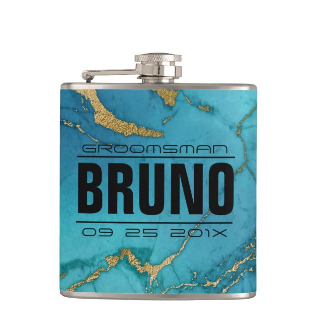 Blue & Gold Marble Stone Groomsman Gift Hip Flask (Front)