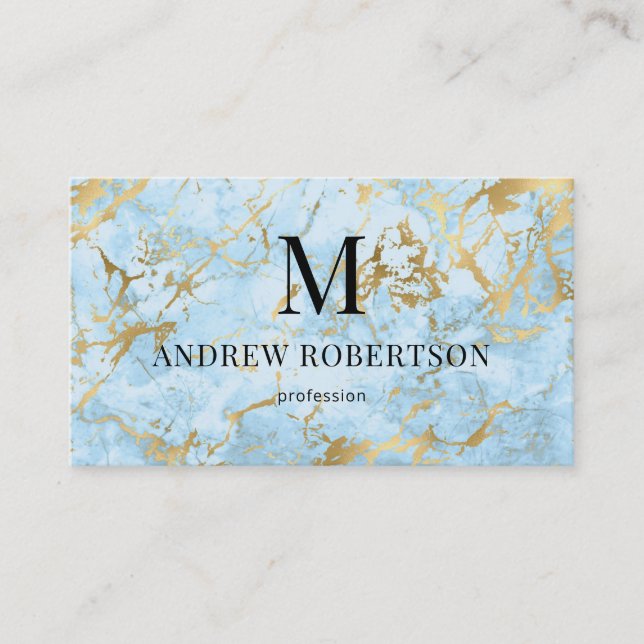 Blue Gold Marble Stone QR Code Business Card (Front)