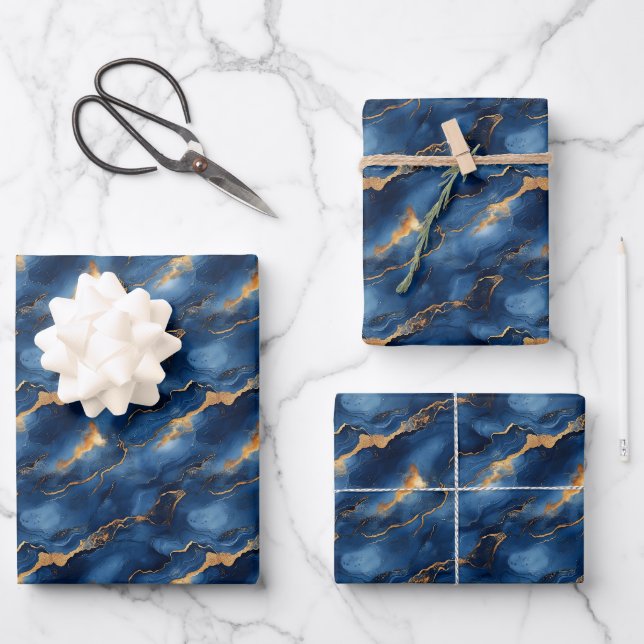 Blue & Gold Marble Wrapping Paper Sheet (Front)