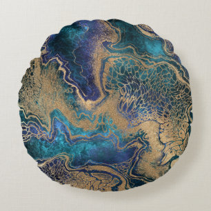 Blue-gold marbling: abstract background. round pillow