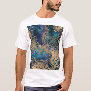 Blue-gold marbling: abstract background. T-Shirt