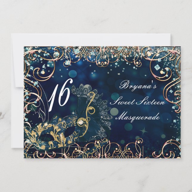 Blue & Gold Masquerade Costume Mask Birthday Party Invitation (Front)