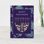 Blue gold Menorah flowers Hanukkah greeting Holiday Card<br><div class="desc">Happy Chanuka greeting card with a blue gold menorah and flower pattern.  Customize by editing the greeting on the front of the card.and the message on the inside of the card.</div>