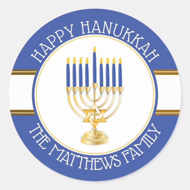Blue | Gold  Menorah Happy Hanukkah Classic Round  Classic Round Sticker (Front)