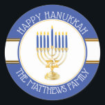 Blue | Gold  Menorah Happy Hanukkah Classic Round  Sticker<br><div class="desc">Gold and silver tone Menorah with Blue lit candles and golden Star of David "Happy Hanukkah" original design by Holiday Hearts Designs (all rights reserved).</div>