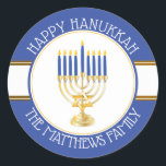 Blue | Gold Menorah Happy Hanukkah Classic Round Sticker<br><div class="desc">Gold and silver tone Menorah with Blue lit candles and golden Star of David "Happy Hanukkah" original design by Holiday Hearts Designs (all rights reserved).</div>