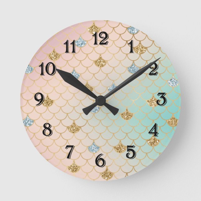Blue Gold Mermaid Sparkle Glitter Round Clock (Front)