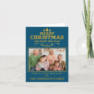 Blue Gold Merry Christmas Happy New Year Photo Holiday Card
