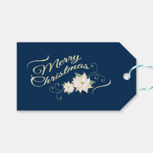 Blue & Gold Merry Christmas with White Poinsettias Gift Tags