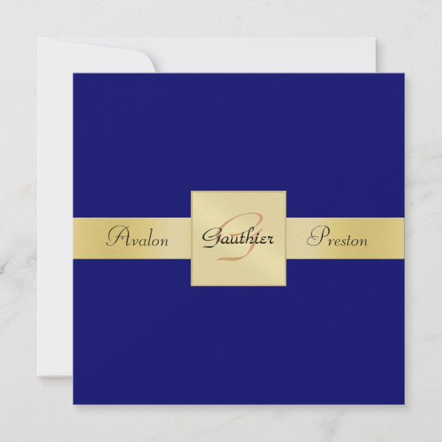 Blue Gold Metal Monogram Ribbon Formal Invitation (Front)