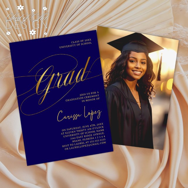 Blue & Gold Minimal Scripted Grad Ceremony Photo Invitation (Creator Uploaded)