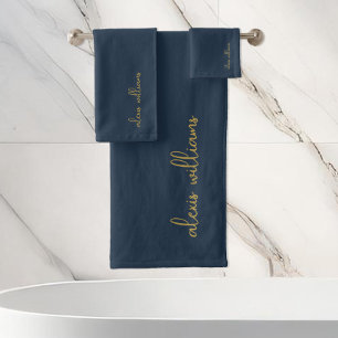 Blue Gold Minimalist Script Signature Monogram Bath Towel Set