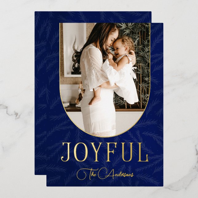 Blue Gold Modern Botanical Arch Joyful Photo Foil Holiday Card (Front/Back)
