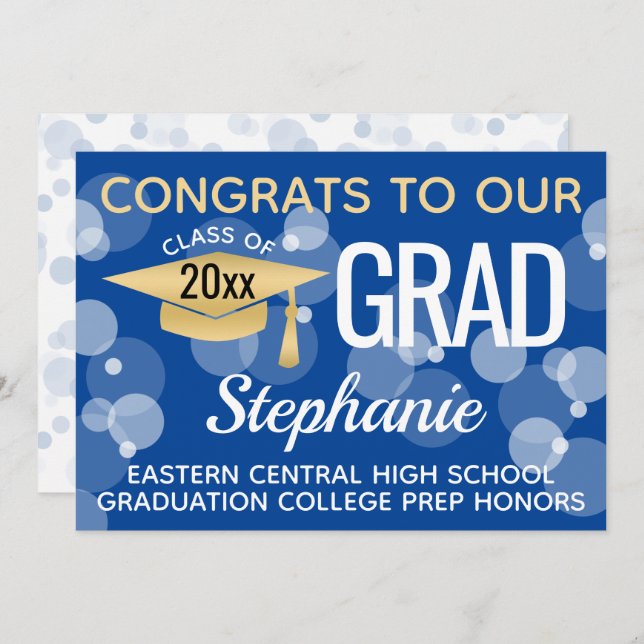 Blue Gold Modern Confetti Bokeh Bubbles Graduation Invitation (Front/Back)