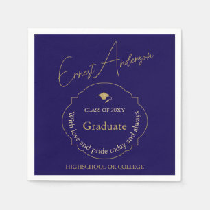 Blue Gold Modern Elegant Graduate Graduation Party Napkin