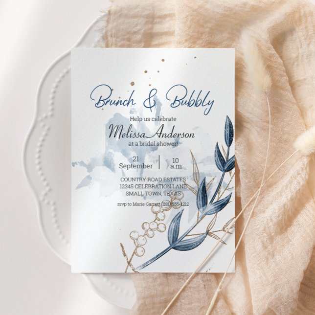 Blue Gold Modern Floral Elegant Bridal Brunch (Creator Uploaded)