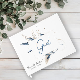 Blue Gold Modern Floral Elegant Guest Book