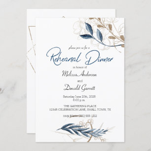 Blue Gold Modern Floral Elegant Rehearsal Dinner