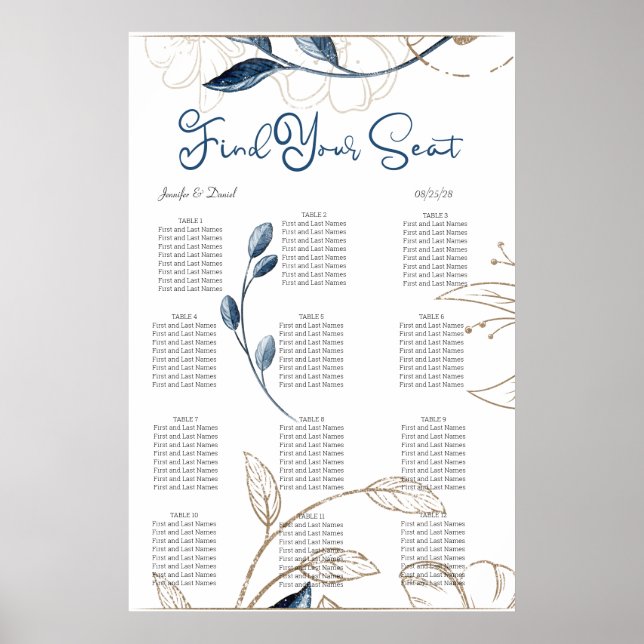 Blue Gold Modern Floral Elegant Seating Chart (Front)