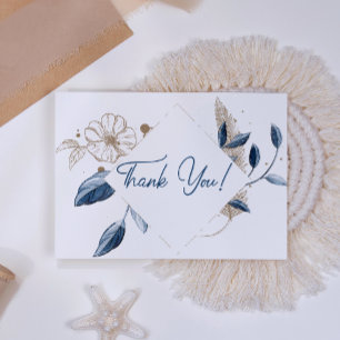 Blue Gold Modern Floral Elegant Thank You Card