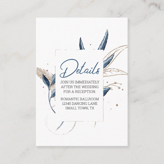 Blue Gold Modern Floral Elegant Wedding Enclosure Card (Front)