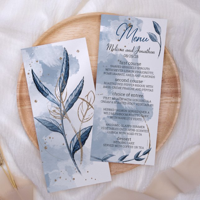 Blue Gold Modern Floral Elegant Wedding Menu (Creator Uploaded)