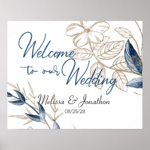 Blue Gold Modern Floral Elegant Wedding Poster