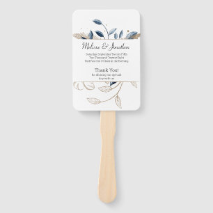 Blue Gold Modern Floral Elegant Wedding Program Hand Fan
