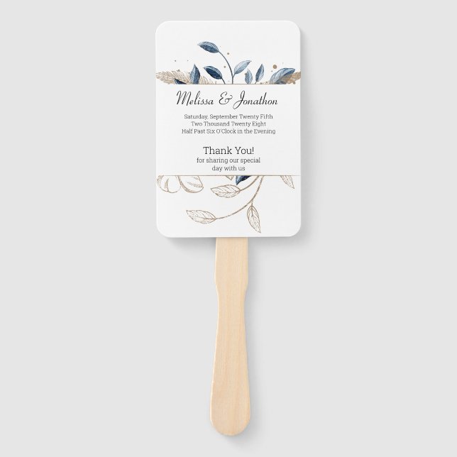 Blue Gold Modern Floral Elegant Wedding Program Hand Fan (Front)