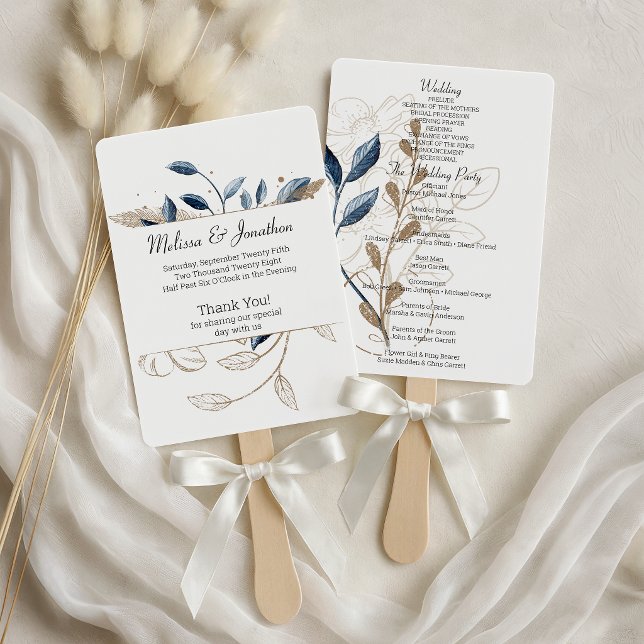 Blue Gold Modern Floral Elegant Wedding Program Hand Fan (Creator Uploaded)