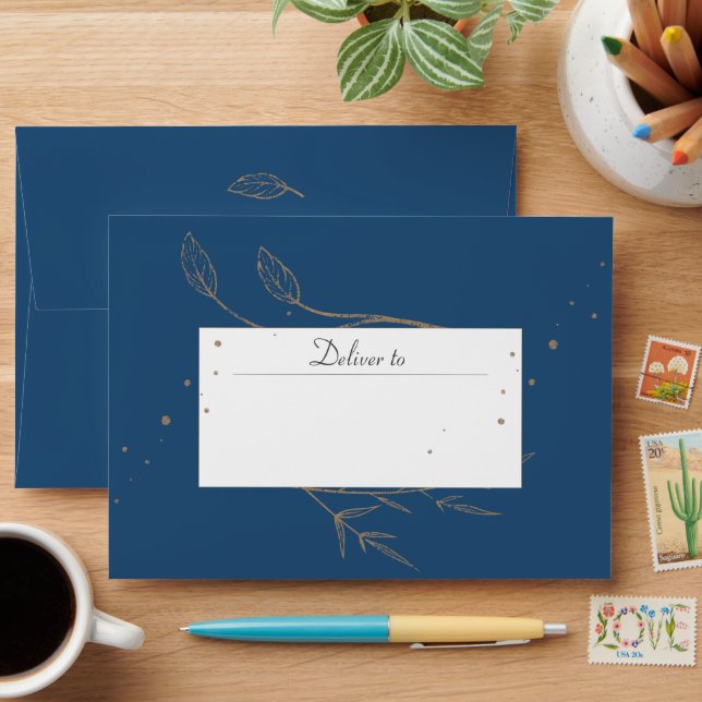 Blue Gold Modern Floral Wedding Invite Envelope (Desk)