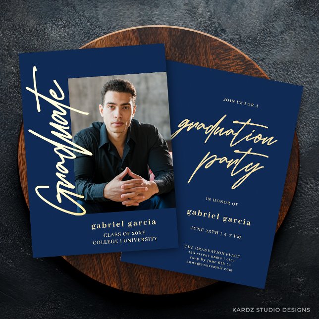 Blue Gold Modern Graduation Invitation (Front and back of invite is shown. Choose foil color and corner style.)