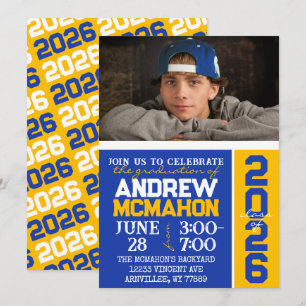 Blue & Gold Modern Graduation Photo Invitation