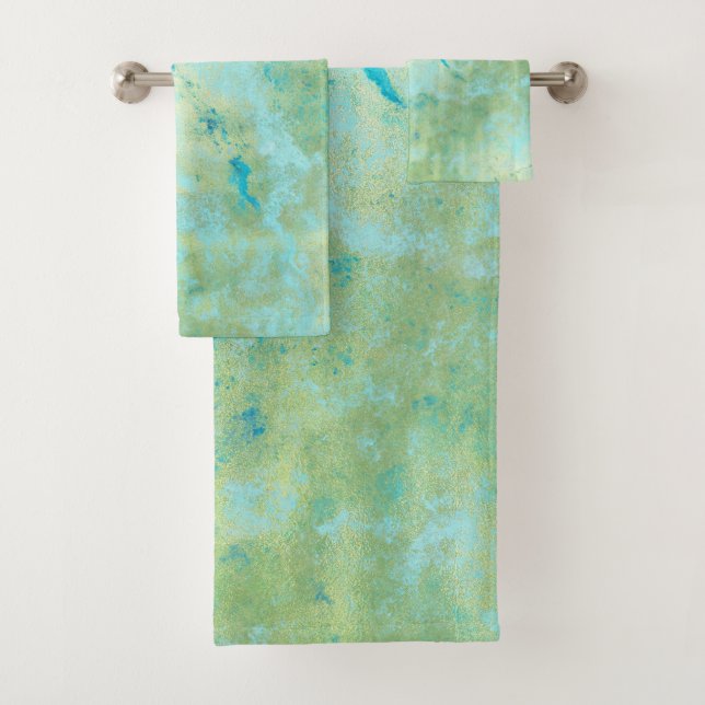 Blue & Gold Modern Marbled Abstract Marble Splash Bath Towel Set (Insitu)