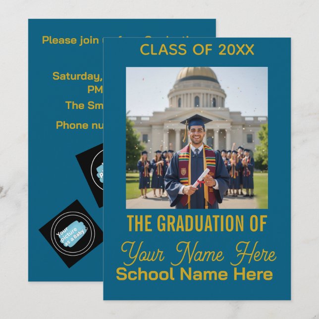 Blue Gold Modern Photo Class Graduation Invitation (Devant / Derrière)